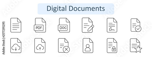 Digital documents set icon. Text page, pdf file, doc file, edit pen, signed form, verified page, cloud download, cloud upload, reject mark, profile, locked, starred.