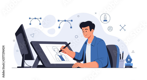 Digital Artist Creating Illustration on Graphic Tablet, Vector Art Concept