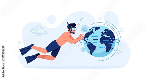 Diver exploring Earth globe with futuristic elements, concept of global connectivity and digital exploration