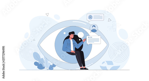 Digital Surveillance Concept: Man in Eye Icon with Chat Bubbles, Representing Online Monitoring, Privacy Concerns, and Data Analysis