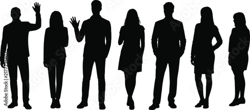 Seven black silhouettes of business people standing in a row, some waving hands, isolated on a white background, representing a diverse team or group of professionals