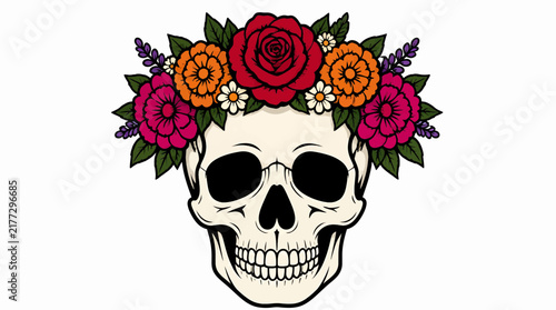 Vector illustration of a human skull wearing a floral wreath for day of the dead set, day of the dead, and halloween celebrations