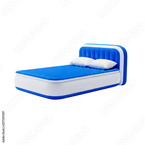 Modern blue inflatable mattress on a bed frame isolated on white background