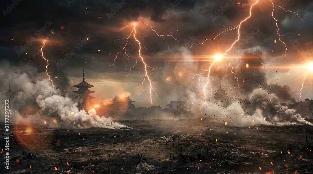 Obraz premium Dramatic lightning strikes over ruined urban landscape.