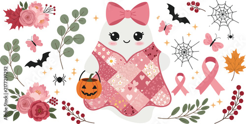 Cute ghost wearing a pink bow and blanket holding a pumpkin bucket surrounded by floral elements and breast cancer ribbons