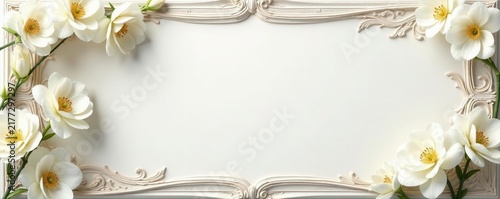 Elegant white flowers in ornate frame, soft light background , subtle, still life, close-up