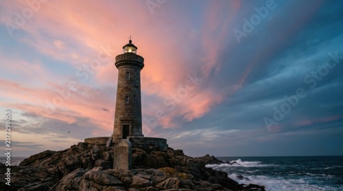 Historic Stone Lighthouse on Rocky Cliff Overlooking Crashing Ocean at Sunset