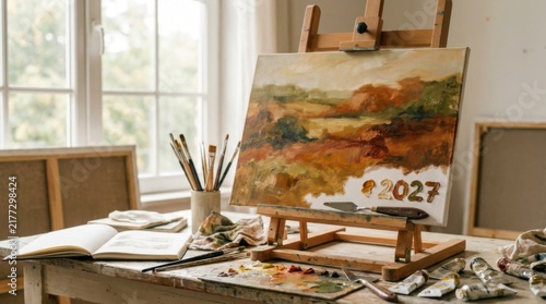Sunlit Artist Studio Workspace with Landscape Painting Canvas and Brushes