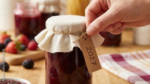 Hand Tying Kraft Paper Tag Stamped 2027 on Jar of Homemade Fruit Jam