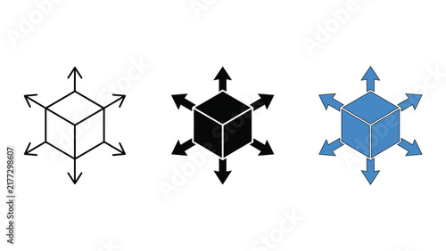 Set of 3d cube icons with arrows pointing in all directions, representing expansion, growth, or multidimensional movement