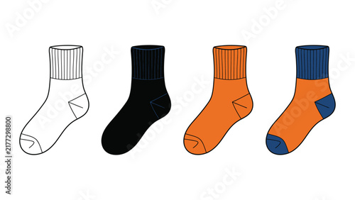 Set of four socks with different styles and colors, including outline, black, orange, and orange with blue details