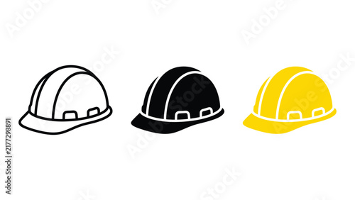 Set of construction hard hat icons, safety helmet vector illustrations in outline, solid black, and yellow styles