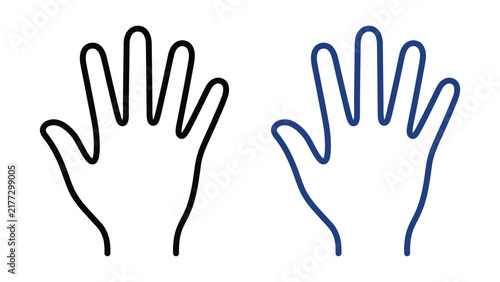 Set of hand icons, black and blue line art illustrations of open palms with five fingers, simple graphic symbols for gestures or counting