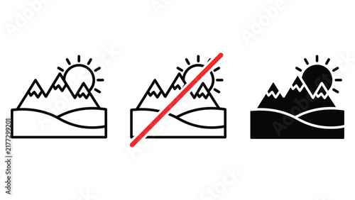 Set of mountain landscape icons with sun, including outline, crossed out, and solid black styles for design projects