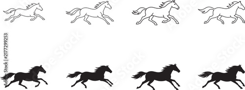 Bild auf Leinwand Black and white running horse silhouette icon set with wild equine motion and hand drawn style arts
