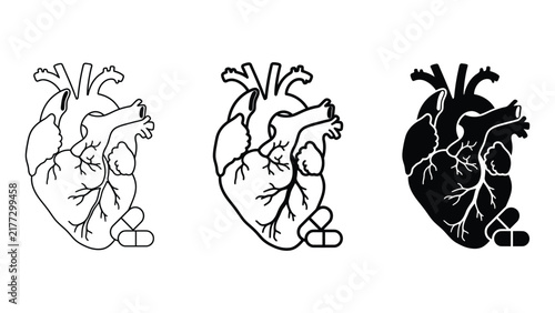 Set of human heart icons with medical pills, cardiology concept, vector illustration