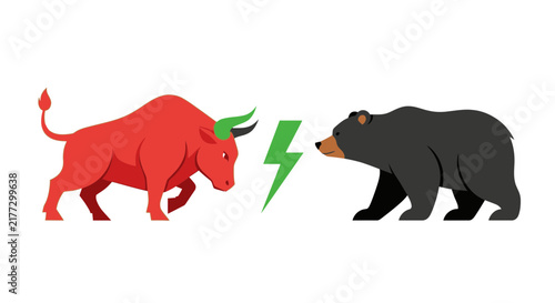 Stock Market Bull and Bear Rivalry Illustration - Financial Market Trends and Investment Concept Vector