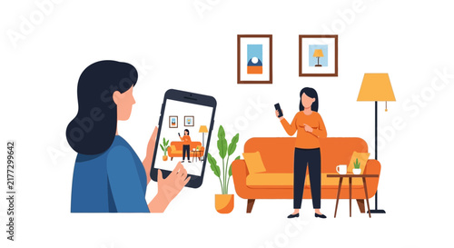 Woman Taking a Photo of a Content Creator in a Modern Living Room Flat Vector Illustration