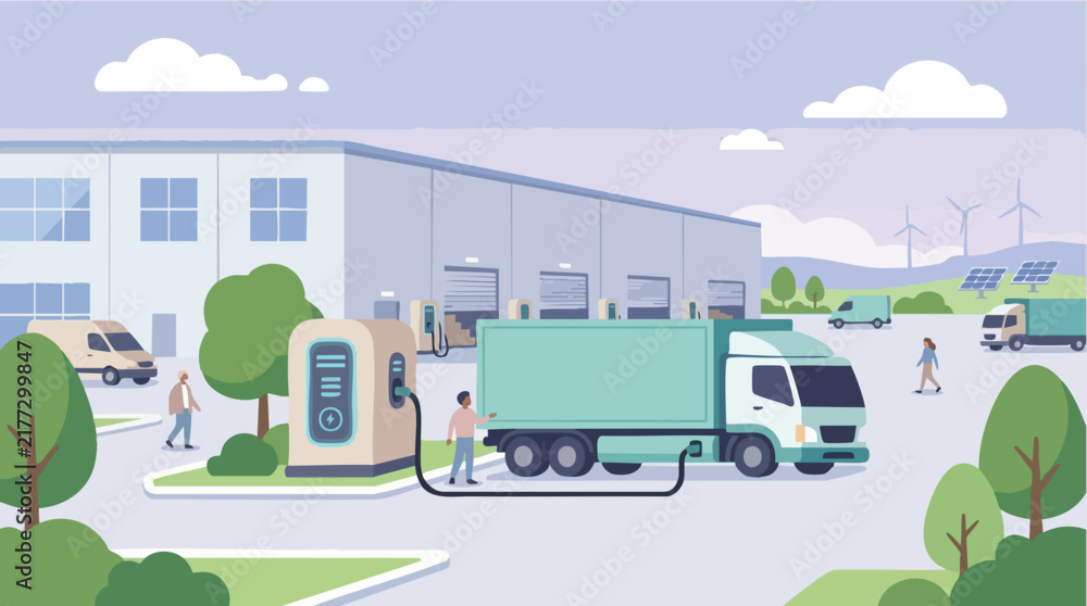 Obraz premium Modern green electric delivery truck parked near charging station at industrial facility, concept for sustainable logistics, eco-friendly transportation solutions and smart city infrastructure