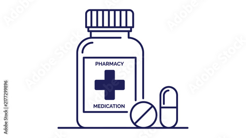 Medical pill bottle with pharmacy cross label and various tablets