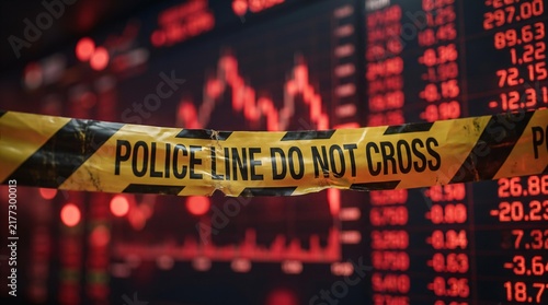 Close-up photo of yellow police warning tape across a crashed stock market display