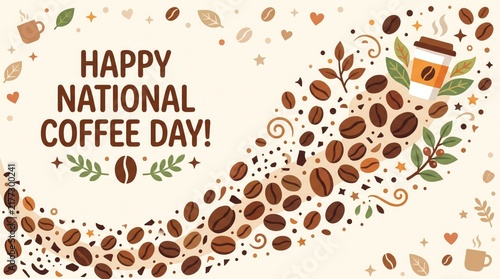 Happy national coffee day greeting card with coffee beans and a takeaway cup