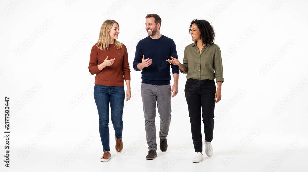 Obraz premium Three diverse colleagues walking and talking together, smiling and engaged in a friendly conversation, isolated on white background