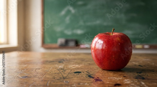 Red apple on a rustic wooden school desk with a blurred chalkboard background