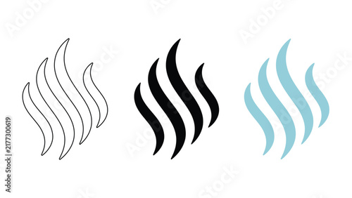 Set of three steam or smoke icons in outline, solid black, and light blue styles, representing hot vapor, aroma, or heat symbols
