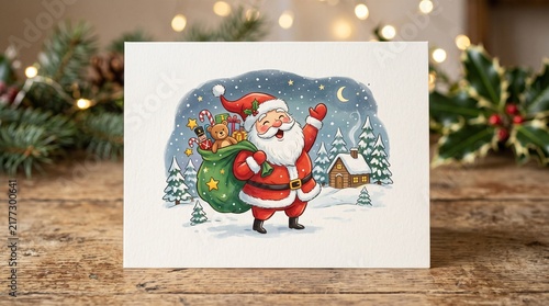 Santa Claus with a sack of gifts in a snowy winter landscape with a cabin and Christmas trees