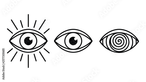 Set of three stylized eye icons with different iris designs including radiating lines, standard pupil, and hypnotic spiral, minimalist vector illustration