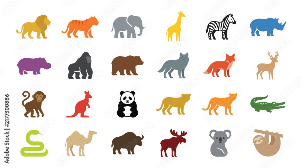 Fototapeta premium Wild Animal Icon Set – Solid Color Flat Vector Wildlife Icons Collection