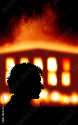 A man seen in profile in silhouette against a backdrop of a burning house. Fire danger, feeling of uneasiness.