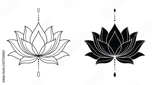 Set of lotus flower icons, linear and silhouette style, spiritual symbol of purity and enlightenment, vector illustration