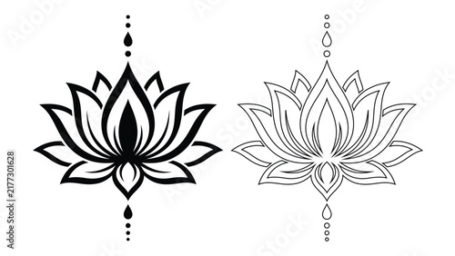 Set of two lotus flower designs, one solid black silhouette and one outline drawing, spiritual yoga symbol, decorative floral elements for tattoo or graphic design