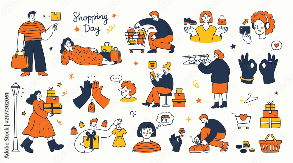 Fototapeta premium Shopping Day doodle vector set, flat consumer characters with bags and boxes, retail commerce illustrations for marketing