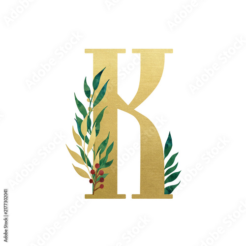 Golden Latin letter K in vintage church style with floral composition isolated