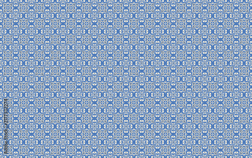 Ornate seamless pattern in majolica style. Blue and white intricate background reminiscent of Mediterranean azulejos or Islamic tilework. For wallpaper, fabric, ceramic tile