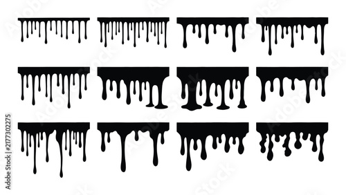 Set of black liquid drips and melting paint drops