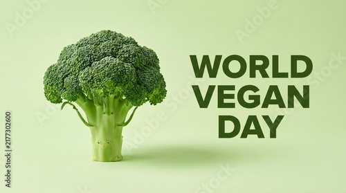 World Vegan Day celebration featuring fresh green broccoli on a clean, light background, promoting plant-based diets.