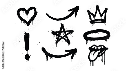 Set of handdrawn graffiti elements including heart, arrows, crown, star, exclamation mark, halo, and lips