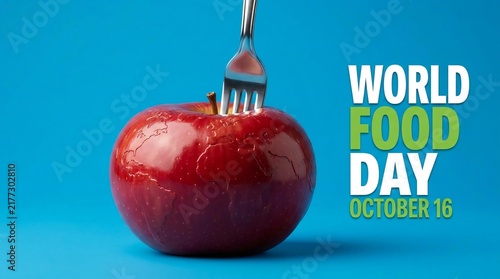 Fork piercing red apple with world map, World Food Day concept photo on blue background