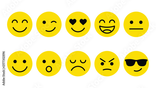 Set of yellow emoji icons with various facial expressions