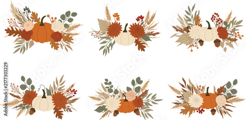 Set of six beautiful autumn pumpkin compositions with dried flowers and pampas grass isolated on a clean white background design