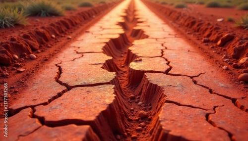 Cracked red mud road, low angle Dry, textured surface , path, rural road