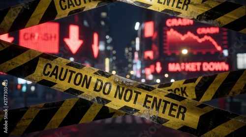 Hazard warning tape blocking stock market crash in city at night, closeup render