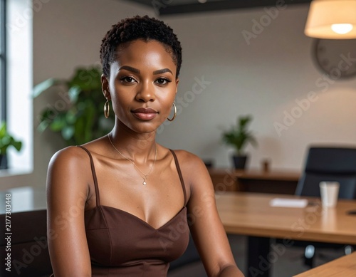 an african american professional woman with short hair wearing a brown summer dress working in a modern office	