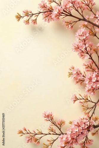 Delicate mimosa branches form a border on a beige floral textured background Spring scene , spring background, bloom, springtime