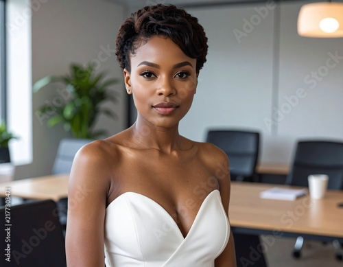 an african american professional woman with short hair wearing a white summer dress working in the meeting room in a modern office	