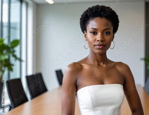 an african american professional woman with short hair wearing a white summer dress working in the meeting room in a modern office	